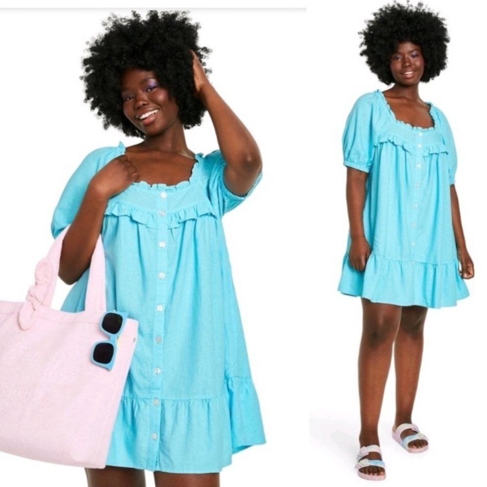 stoney clover lane x target | linen ruffle mini dress aqua blue xl